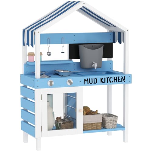 AIYAPLAY Matschküche Kinder Outdoor Gartenspielküche aus Holz mit Herd, Spüle, Wasserhahn, Aufbewahrungsregale, Kochgeschirr, Zubehör, Spielküche für Kinder 3-7 Jahren Blau AIYAPLAY Matschküche Kinder Outdoor Gartenspielküche aus Holz mit Herd, Spüle, Wasserhahn, Aufbewahrungsregale, Kochgeschirr, Zubehör, Spielküche für Kinder 3-7 Jahren Blau von AIYAPLAY