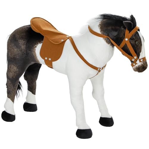 AIYAPLAY Stehpferd Spielpferd zum Reiten mit Sattel und Zaumzeug, 48 cm Höhe Reitpferd mit Soundfunktion, Plüschpferd bis 60 kg für Kinder 3-8 Jahre, Braun+Cremeweiß von AIYAPLAY
