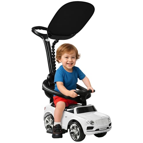 AIYAPLAY Rutschauto mit Schiebestange 3-in-1 Rutschfahrzeug mit Abnehmbar Verdeck und Handlauf, Kinderfahrzeug mit Kippschutz, Hupe, Musik, Stauraum, für 1-3 Jahre Kinder, Weiß von AIYAPLAY