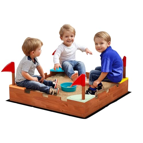 AIYAPLAY Sandkasten aus Holz, Sandkasten für Kinder 3-7 Jahre mit Sitzgelegenheiten, Fahnen, Sandkasten Thema Stadtmauer, 90 x 90 x 17 cm, braun von AIYAPLAY