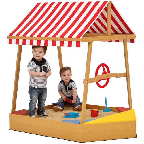 AIYAPLAY Sandkasten aus Holz für Kinder, Sandkasten mit Deckel, UV-Schutzdach, Sandkasten in Form eines Bootes, Sitze, Ruder und Boden aus Vliesstoff, 133 x 101 x 141 cm, Gelb von AIYAPLAY