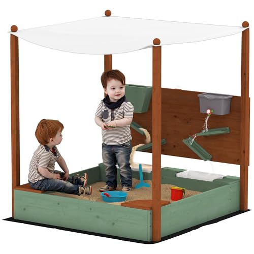 AIYAPLAY Sandkasten mit Sonnendach, 116 x 112,5 cm Sandkiste aus Holz Sandbox mit Sitzfläche, Bodenvlies, 2 Behältern, Sand- und Wasserspielzeug, Eimer mit Wasserhahn für Outdoor Grün von AIYAPLAY