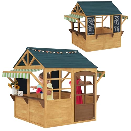 AIYAPLAY Spielhaus aus Holz Faltbar Kinderspielhaus Outdoor mit Fenstern, Tür, Fensterbank, Regenkappen, Kinderhaus, Gartenhaus für Kinder 3-8 Jahre von AIYAPLAY