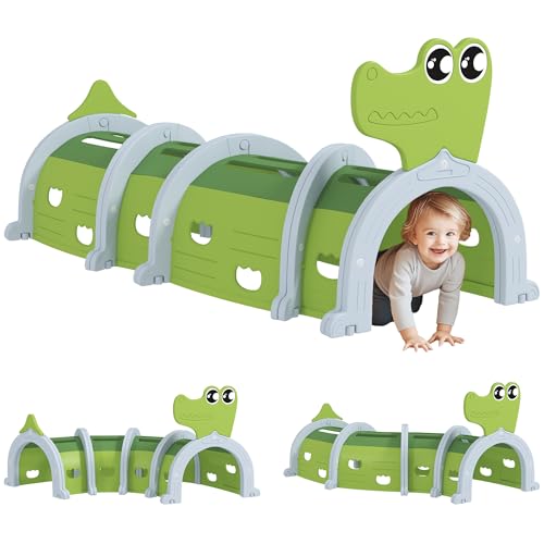 AIYAPLAY Spieltunnel 194 cm Kinder Tunnel aus HDPE Krabbeltunnel in Cartoon-Krokodil Kriechtunnel für Kinder 3-6 Jahre, Grün von AIYAPLAY