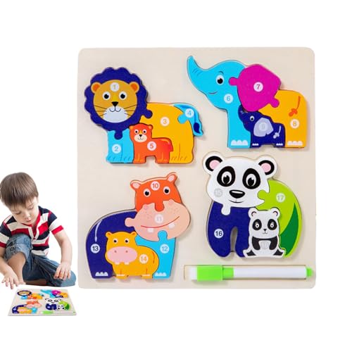Tier-Holzpuzzle, Tier-Zahlenpuzzle, Zahlenrätsel für Kleinkinder, Buntes doppelseitiges 3D-Tierzahlen-Puzzle für Kinder im Kindergarten, Klassische Bildung von AIYING