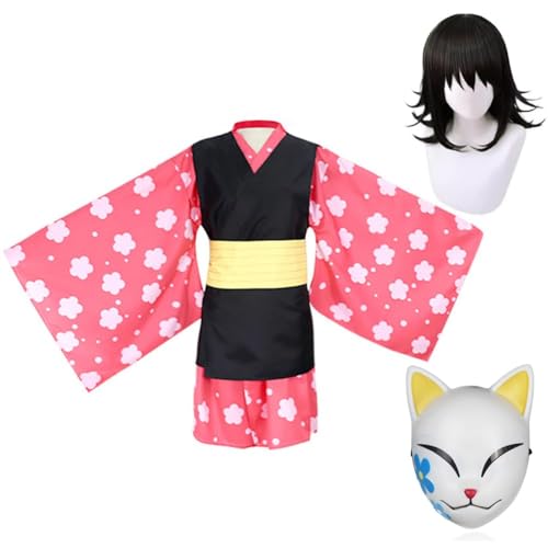 AIYINIY Anime Cosplay Kostüm Damen Rosa Kimono Uniform Outfit Komplettes Set für Halloween Party Maskerade Dress Up (Makomo Kostüm + Perücke + Maske, M) von AIYINIY