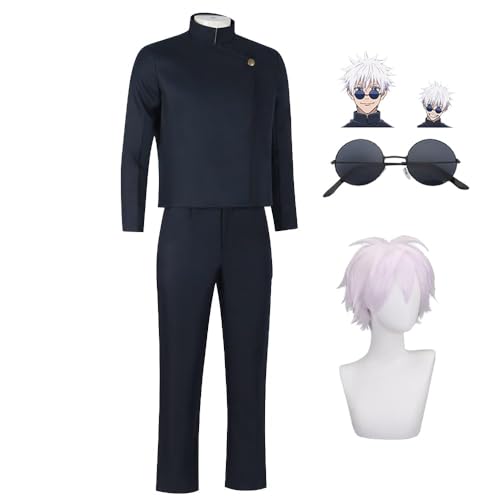 AIYINIY Anime Gojo Satoru Kostüm Set mit Brille für Herren, Polyester Schuluniform, Jacke und Hose, Halloween Karneval Party Cosplay Dress Up (Kostüm + Perücke + Brille, M) von AIYINIY