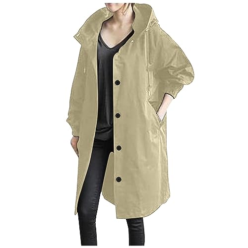 AIYINIY Damen-Regenjacke, leichter Regenmantel, wasserdicht, langärmelig, Windbreaker, Klettern, Outdoor, Kapuzen-Trenchcoats (Regenmantel, Khaki, 5XL) von AIYINIY