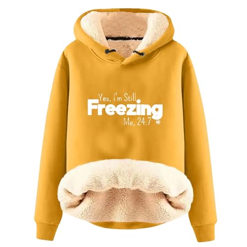 AIYINIY Damen Winter Kapuzen-Sweatshirt - Fleece Sherpa Gefüttert Thermopullover Yes I Am Still Freezing Grafik Loose Fit Langarm Hoodie Plüsch Warm Outwear für kaltes Wetter (Gelb 1, M) von AIYINIY