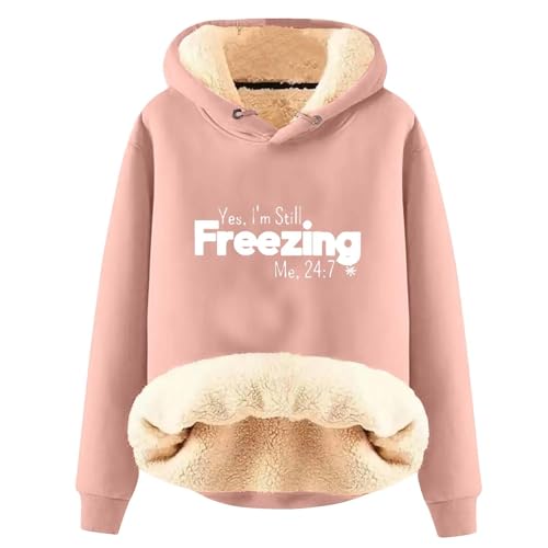 AIYINIY Damen Winter Kapuzen-Sweatshirt - Fleece Sherpa Gefüttert Thermopullover Yes I Am Still Freezing Grafik Loose Fit Langarm Hoodie Plüsch Warm Outwear für kaltes Wetter (Pink 1, L) von AIYINIY
