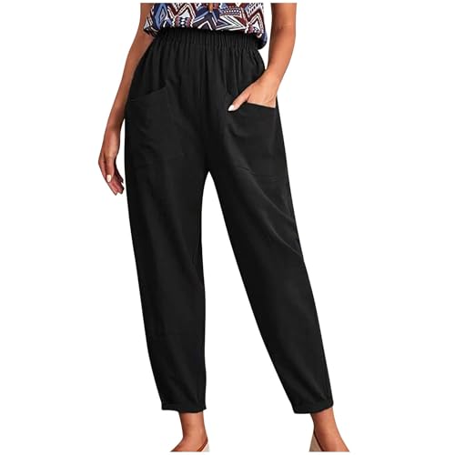 AIYINIY Hose für Damen, elastische Taille, lässig, reine gerades Bein, Baumwolle, Leinen, kurze Hose, Trainingshose, athletisch für Freizeit, Joggen, Laufen, Fitness, S-XXL (Schwarz-1, L) von AIYINIY