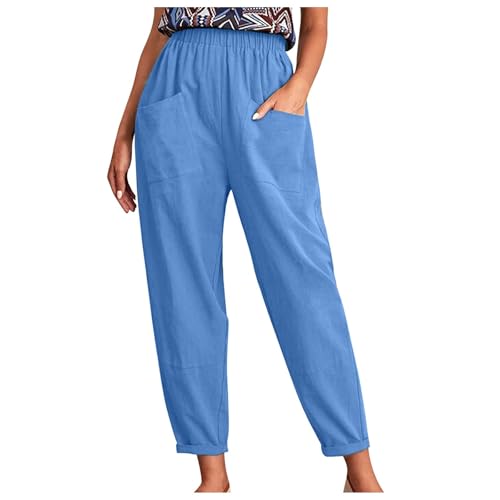 AIYINIY Hose für Damen, elastische Taille, lässig, reine gerades Bein, Baumwolle, Leinen, kurze Hose, Trainingshose, athletisch für Freizeit, Joggen, Laufen, Fitness, S-XXL (Z1 Himmelblau, 4XL) von AIYINIY