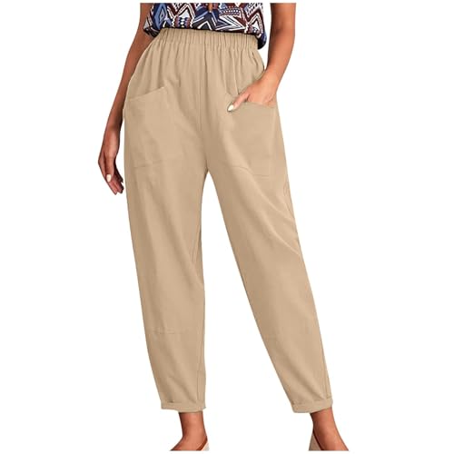AIYINIY Hose für Damen, elastische Taille, lässig, reine gerades Bein, Baumwollleinen, kurze Hose, Trainingshose, athletisch für Freizeit, Joggen, Laufen, Fitness, S-XXL (Khaki-1, XL) von AIYINIY