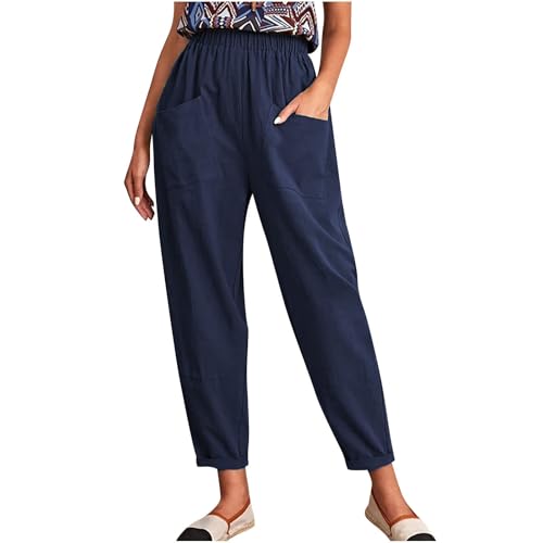 AIYINIY Hose für Damen, elastische Taille, lässig, reine gerades Bein, Baumwollleinen, kurze Hose, Trainingshose, athletisch für Freizeit, Joggen, Laufen, Fitness, S-XXL (Navy-2, M) von AIYINIY