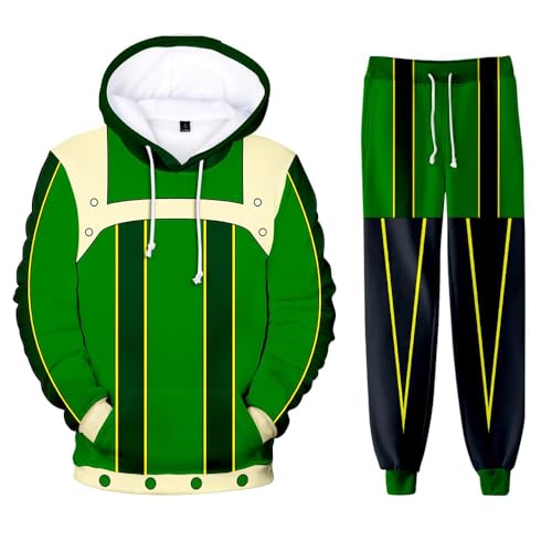 AIYINIY MHA Kapuzenpullover- und Sweathosen-Set, Midoriya Izuku Todoroki Bakugou Cosplay, Kapuzen-Sweatshirt, Hose, 2-teiliger Trainingsanzug für Männer und Frauen (Asui Tsuyu, L) von AIYINIY