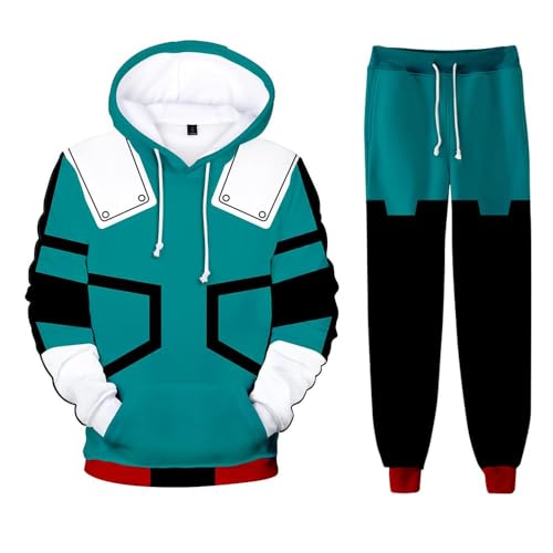 AIYINIY MHA Midoriya Izuku Todoroki Bakugou Cosplay-Kapuzen-Sweatshirt-Hose, 2-teiliger Trainingsanzug für Herren und Damen (Midoriya Izuku, XL) von AIYINIY