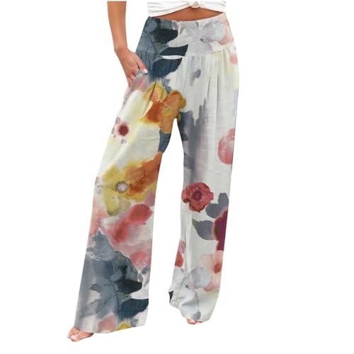 AIYINIY Palazzo Hose für Damen, lässig, bedruckt, Taschen, elastischer Bund, bequem, gerade, lockere Hose, klassisch, leicht, Workout-Trainingshose für Yoga, Fitness, Laufen (Z3 Orange, XXL) von AIYINIY