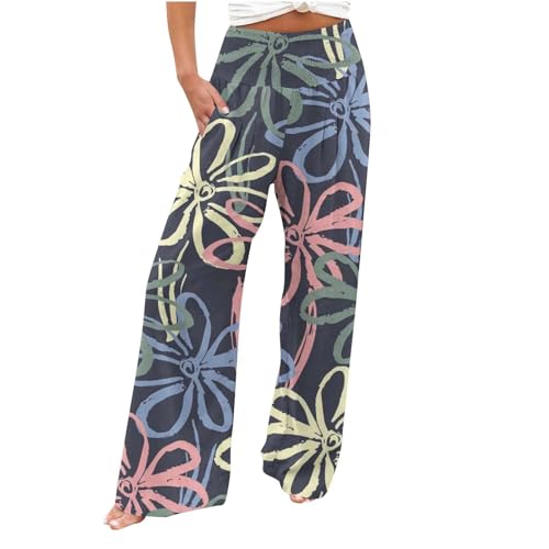 AIYINIY Palazzo Hose für Damen, lässig, bedruckt, Taschen, elastischer Bund, bequem, gerade, lockere Hose, klassisch, leicht, Workout-Trainingshose für Yoga, Fitness, Laufen (Z4 Marineblau, S) von AIYINIY