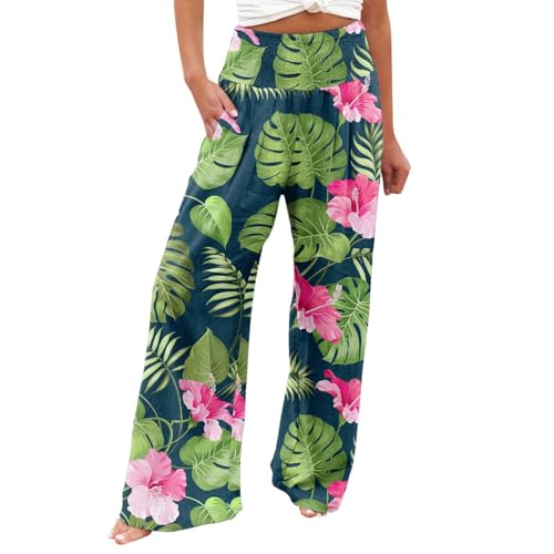 AIYINIY Palazzo Hose für Damen, lässiger Druck, Taschen, elastischer Bund, bequem, gerade, lockere Hose, klassisch, leicht, Workout-Trainingshose für Yoga, Fitness, Laufen (Grün-1, M) von AIYINIY
