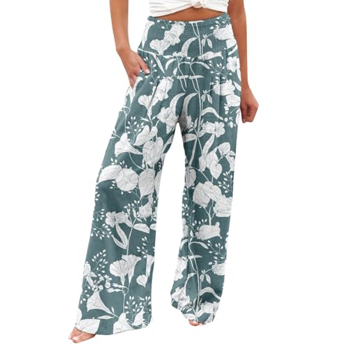 AIYINIY Palazzo Hose für Damen, lässiger Druck, Taschen, elastischer Bund, bequem, gerade, lockere Hose, klassisch, leicht, Workout-Trainingshose für Yoga, Fitness, Laufen (Hellblau-1, L) von AIYINIY