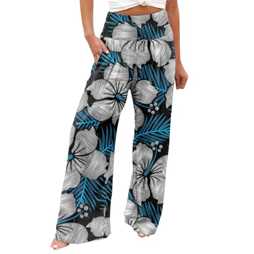 AIYINIY Palazzo Hose für Damen, lässiger Druck, Taschen, elastischer Bund, bequem, gerade, lockere Hose, klassisch, leicht, Workout-Trainingshose für Yoga, Fitness, Laufen (Marineblau, 2, L) von AIYINIY