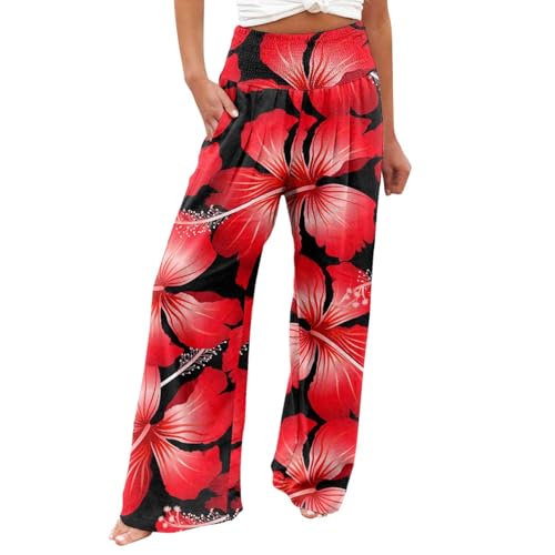 AIYINIY Palazzo Hose für Damen, lässiger Druck, Taschen, elastischer Bund, bequem, gerade, lockere Hose, klassisch, leicht, Workout-Trainingshose für Yoga, Fitness, Laufen (Rot-2, M) von AIYINIY
