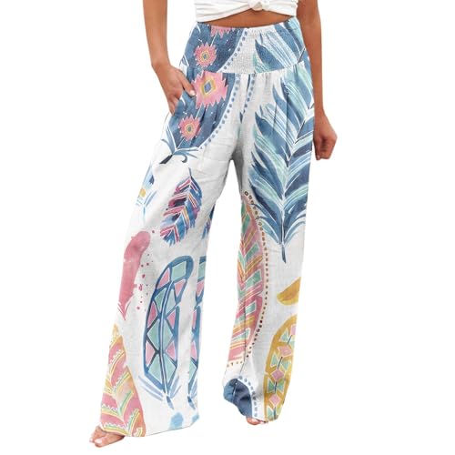 AIYINIY Palazzo Hose für Damen, leger, bedruckt, Taschen, elastische Taille, bequem, gerade, lockere Hose, klassisch, leicht, Workout-Trainingshose für Yoga, Fitness, Laufen (Weiß-1, XL) von AIYINIY
