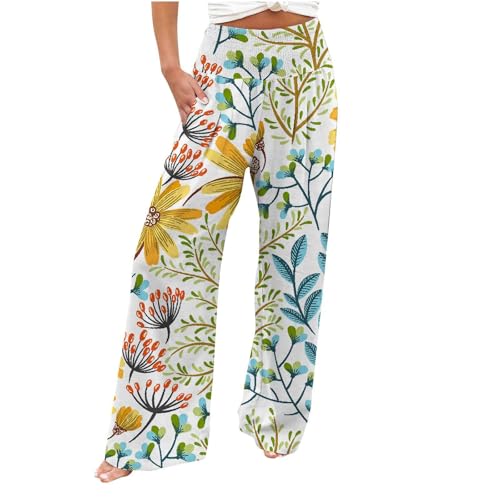AIYINIY Palazzo Hose für Damen, leger, bedruckt, Taschen, elastische Taille, bequem, gerade, lockere Hose, klassisch, leicht, Workout-Trainingshose für Yoga, Fitness, Laufen (Z3 Gelb, M) von AIYINIY