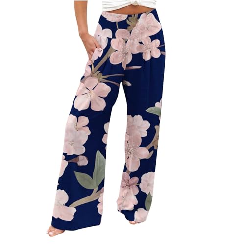 AIYINIY Palazzo Hose für Damen, leger, bedruckt, Taschen, elastische Taille, bequem, gerade, lockere Hose, klassisch, leicht, Workout-Trainingshose für Yoga, Fitness, Laufen (Z4 Blau, S) von AIYINIY