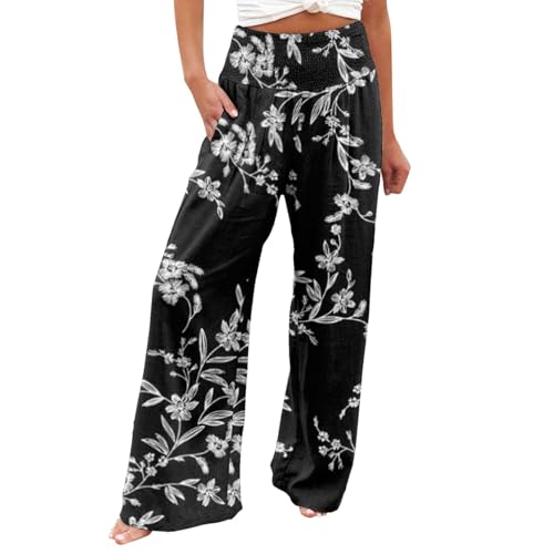 AIYINIY Palazzo Hose für Damen, leger, bedruckt, Taschen, elastischer Bund, bequem, gerade, lockere Hose, klassisch, leicht, Workout-Trainingshose für Yoga, Fitness, Laufen (Schwarz-1, M) von AIYINIY