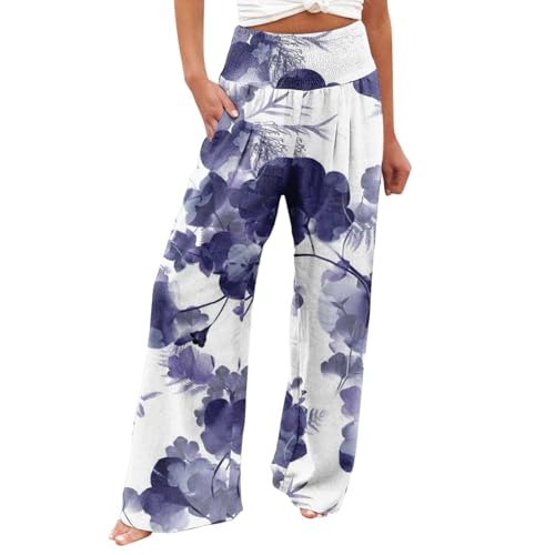 AIYINIY Palazzo Hose für Damen, leger, bedruckt, Taschen, elastischer Bund, bequem, gerade, lockere Hose, klassisch, leicht, Workout-Trainingshose für Yoga, Fitness, Laufen (Violett-2, M) von AIYINIY