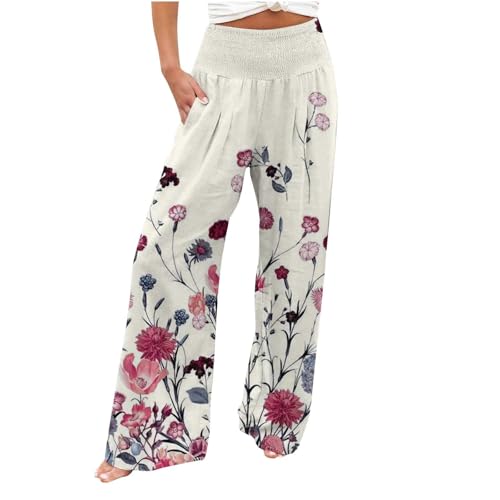 AIYINIY Palazzo Hose für Damen, leger, bedruckt, Taschen, elastischer Bund, bequem, gerade, lockere Hose, klassisch, leicht, Workout-Trainingshose für Yoga, Fitness, Laufen (Z3 Rot, S) von AIYINIY
