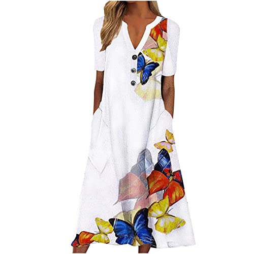 AIYINIY Sommerkleid für Damen 2025, lässig, V-Ausschnitt, Knopf, kurzärmelig, Urlaub, mit Taschen, bedruckt, Party, elegantes Strandkleid, Club, Cocktail, Arbeit (Gelb, XXL) von AIYINIY