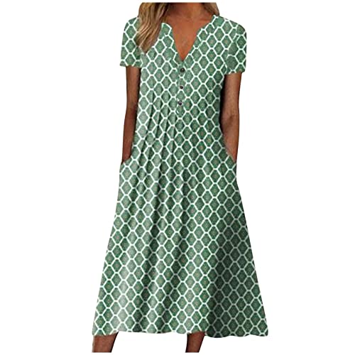 AIYINIY Sommerkleid für Damen 2025, lässig, V-Ausschnitt, Knopf, kurzärmelig, Urlaub, mit Taschen, bedruckt, Party, elegantes Strandkleid, Club, Cocktail, Arbeit (Grün, L) von AIYINIY