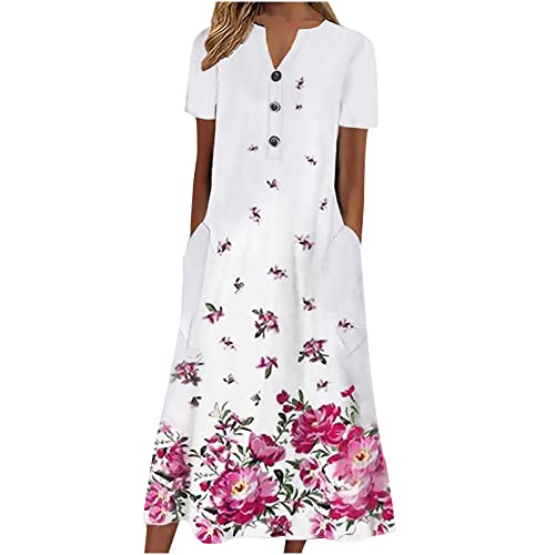 AIYINIY Sommerkleid für Damen 2025, lässig, V-Ausschnitt, Knopf, kurzärmelig, Urlaub, mit Taschen, bedruckt, Party, elegantes Strandkleid, Club, Cocktail, Arbeit (Hot Pink, L) von AIYINIY