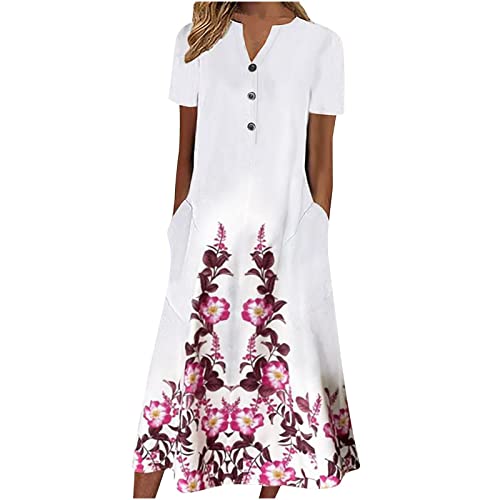 AIYINIY Sommerkleid für Damen 2025, lässig, V-Ausschnitt, Knopf, kurzärmelig, Urlaub, mit Taschen, bedruckt, Party, elegantes Strandkleid, Club, Cocktail, Arbeit (Rosa, M) von AIYINIY