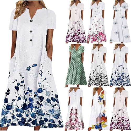 AIYINIY Sommerkleid für Damen 2025, lässiger V-Ausschnitt, Knopf, kurzärmelig, Urlaub mit Taschen, Damenkleid, bedruckt, Party, elegantes Strandkleid, Club, Cocktail, Arbeit (A, Blau, XXL) von AIYINIY