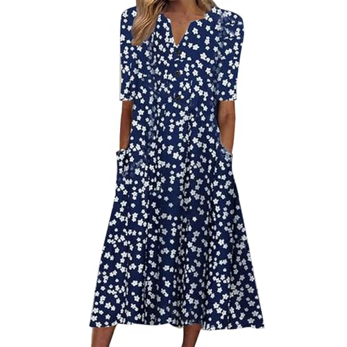 AIYINIY Sommerkleid für Damen 2025, lässiger V-Ausschnitt, Knopf, kurzärmelig, Urlaub mit Taschen, Damenkleid, bedruckt, Party, elegantes Strandkleid, Club, Cocktail, Arbeit (Blau, Größe 4, L) von AIYINIY