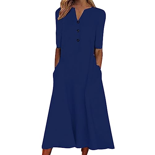 AIYINIY Sommerkleid für Damen 2025, lässiger V-Ausschnitt, Knopf, kurzärmelig, Urlaub mit Taschen, Damenkleid, bedruckt, Party, elegantes Strandkleid, Club, Cocktail, Arbeit (Dunkelblau, Größe 4, S) von AIYINIY