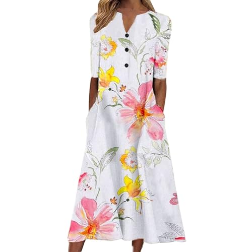 AIYINIY Sommerkleid für Damen 2025, lässiger V-Ausschnitt, Knopf, kurzärmelig, Urlaub mit Taschen, Damenkleid, bedruckt, Party, elegantes Strandkleid, Club, Cocktail, Arbeit (Rosa, Größe 4, M) von AIYINIY