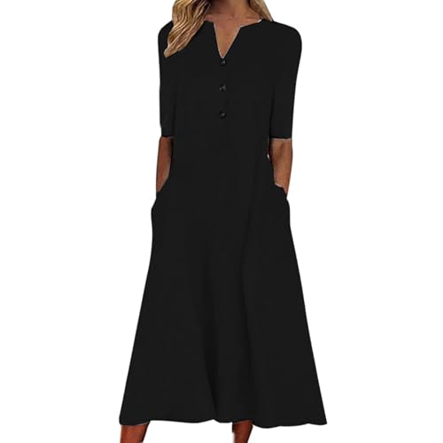 AIYINIY Sommerkleid für Damen 2025, lässiger V-Ausschnitt, Knopf, kurzärmelig, Urlaub mit Taschen, Damenkleid, bedruckt, Party, elegantes Strandkleid, Club, Cocktail, Arbeit (Schwarz, Größe 4, S) AIYINIY Sommerkleid für Damen 2025, lässiger V-Ausschnitt, Knopf, kurzärmelig, Urlaub mit Taschen, Damenkleid, bedruckt, Party, elegantes Strandkleid, Club, Cocktail, Arbeit (Schwarz, Größe 4, S) von AIYINIY