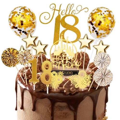 AIYONG Tortendeko 18 Geburtstag Männer Frauen, 17 Pcs Cake Topper Happy Birthday Kuchen Dekoration, 18 Geburtstag Torten Topper Deko mit Zahlenkerze, für 18. Geburtstag Party Gold von AIYONG