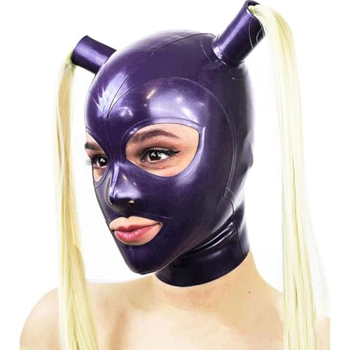 AIYOUBRS Lila Latexmaske mit Perücke Gummimaske Vollgesichtsmaske Handgefertigtes Zubehör Unisex für Cosplay Partys und Clubs(Size:M-65CM) von AIYOUBRS