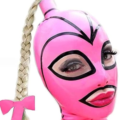 AIYOUBRS Rosa Latexmaske Naturkautschuk Maske mit Perücke mit Reißverschluss für Cosplay Partys und Clubs für Männer und Frauen(Size:L-68CM) von AIYOUBRS
