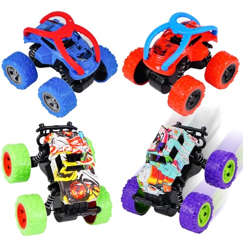 AIZHAZHA 4 PCS Monster Truck, Monstertruck Spielzeug Reibungsbetriebene Zurückziehen, Monster Trucks Kinder, 360° Rotation Inertia Vehicle, Spielzeugauto Kinder Geschenk für Jungen Ab 3 Jahren von AIZHAZHA