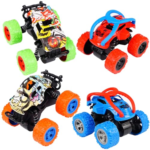 AIZHAZHA 4 Stück Monster Truck, Monstertruck Spielzeug Reibungsbetriebene Zurückziehen, Monster Trucks Kinder, 360° Rotation Inertia Vehicle, Spielzeugauto Kinder Geschenk für Jungen Ab 3 Jahren von AIZHAZHA