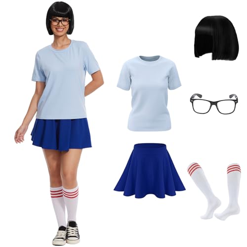 AJGEGJE 6 Stück Film Klassische Charaktere Kostüm Damen mit Top Rock Brillenfassung Perücke, für Karneval Halloween Cosplay (XXL) von AJGEGJE
