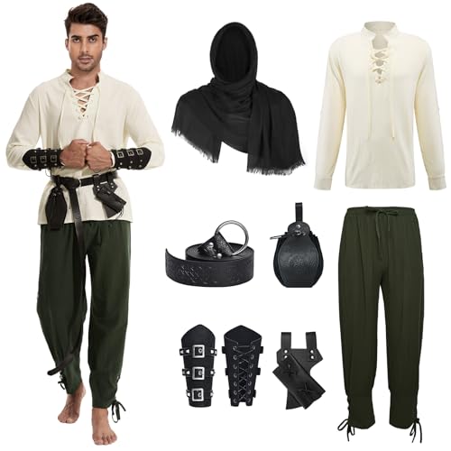 AJGEGJE Mittelalter Kleidung Herren, 7 Stück Herren Renaissance Kostüm Set, Mittelalter Viking Kostüm mit Piratenhemd Lang Hose Gürtel Handgelenkgurt (Grün, S) von AJGEGJE