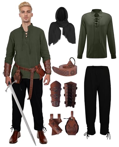 AJGEGJE Mittelalter Kleidung Herren, 7 Stück Herren Renaissance Kostüm Set, Mittelalter Viking Kostüm mit Piratenhemd Lang Hose Gürtel Handgelenkgurt (Grün-2, 2XL) von AJGEGJE
