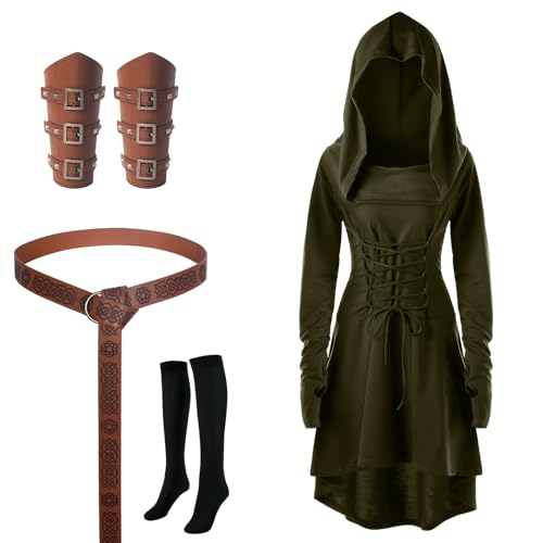 AJGEGJE Mittelalter Kleidung Kostüm Damen Set, Renaissance Kapuzenkleid Set mit Armschützern Gürtel Strümpfe, Halloween Gothic Kapuzenkleid (Grüner, M) von AJGEGJE